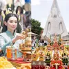 งดงาม "เบลล่า" ทำพิธีปิดทองพระนางพญาองค์ใหญ่ แห่สาธุเลขบุญผ้าป่า